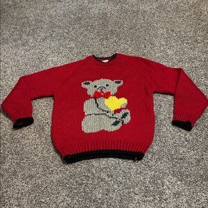 Carriage Court Vintage Womens Chunky Hand Knit Bear Crewneck Sweater Red Size L